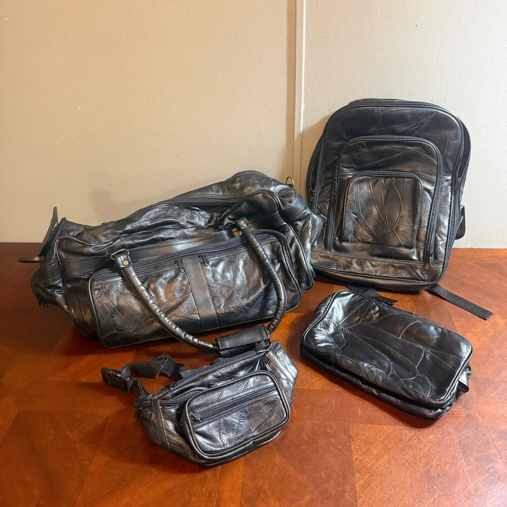 Black Patchwork Genuine Leather 4 Piece Travel Set Duffel Backpack Fanny Pack